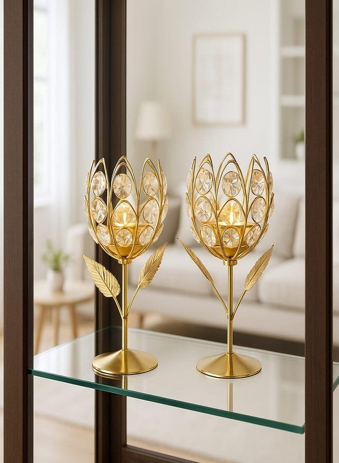 CentraLit حامل شموع الشاي الكريستالي الذهبي من سنتراليت، طقم من قطعتين، حامل شموع الشاي على شكل وردة، حامل شموع نذرية على شكل زهرة اللوتس، لتزيين المنزل، هدايا ديوالي ديا بوجا (طقم من قطعتين) - Image 4